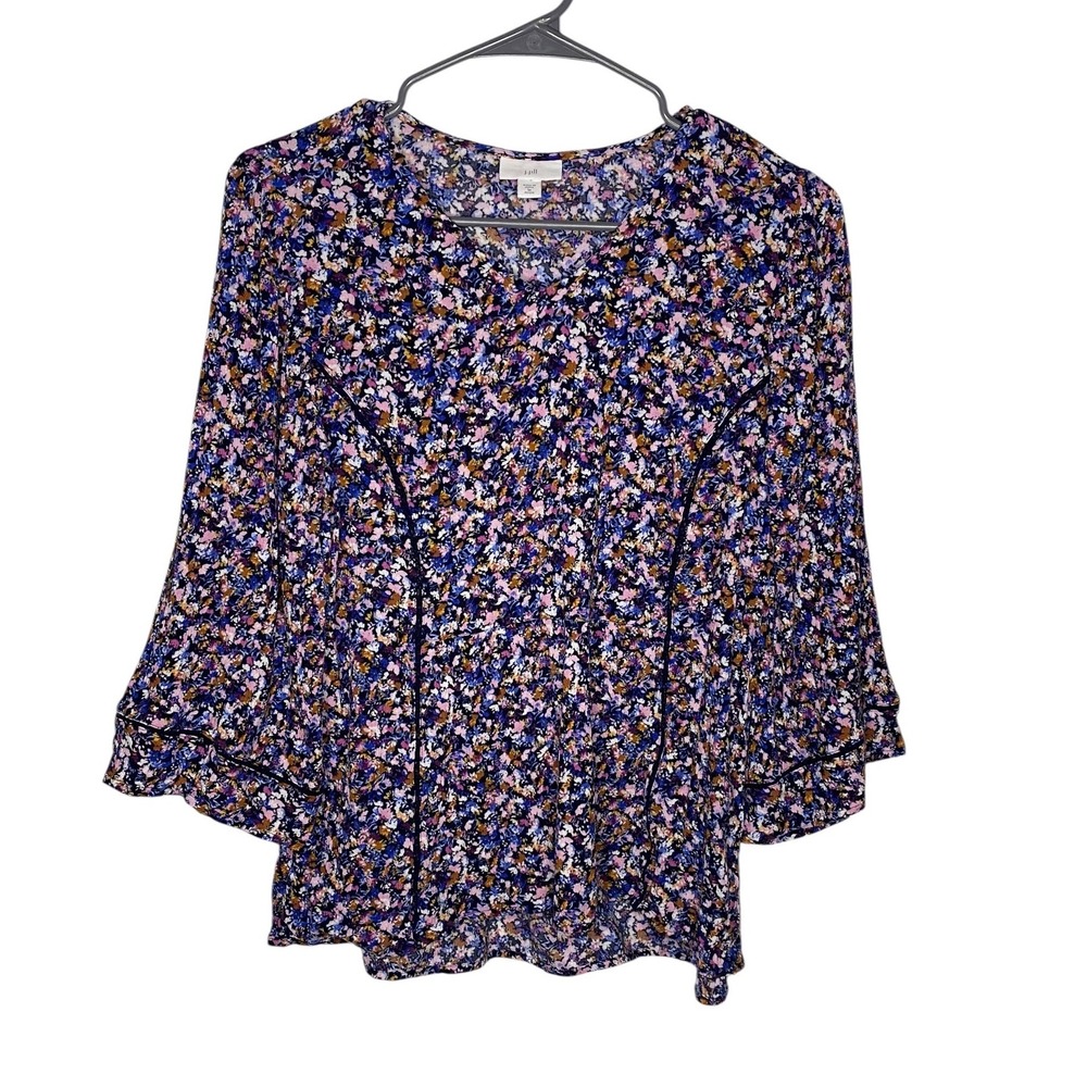 J Jill Womens M Petite Floral Peasant Blouse 3/4 Bell Sleeve Rayon Blue Pink